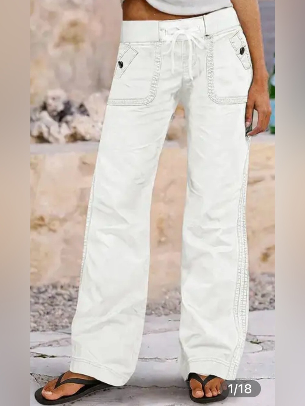 Flamingals Solid Seam Detail Drawstring Mid Rise Straight Leg Pants in White